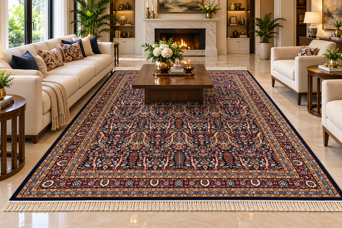 Daria navy Persian garden machine-made polyester carpet, view 3
