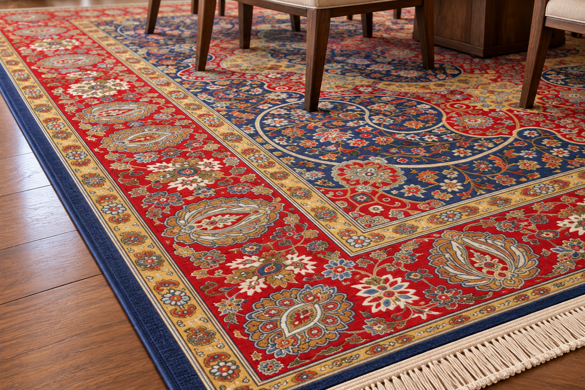 Soraya navy and red Persian medallion machine-made polyester carpet, view 5