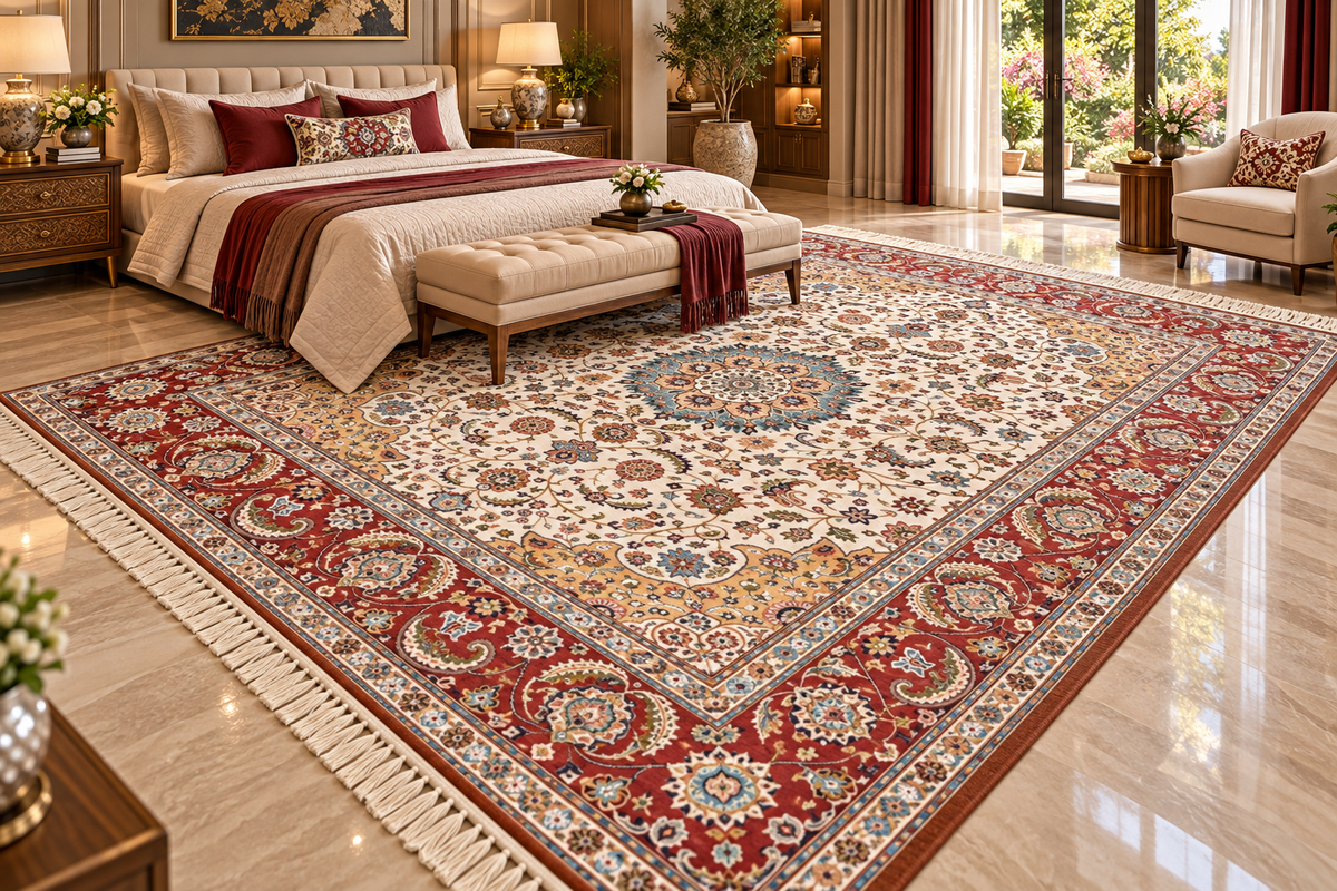 Shirin beige and red Persian medallion machine-made polyester carpet, view 2