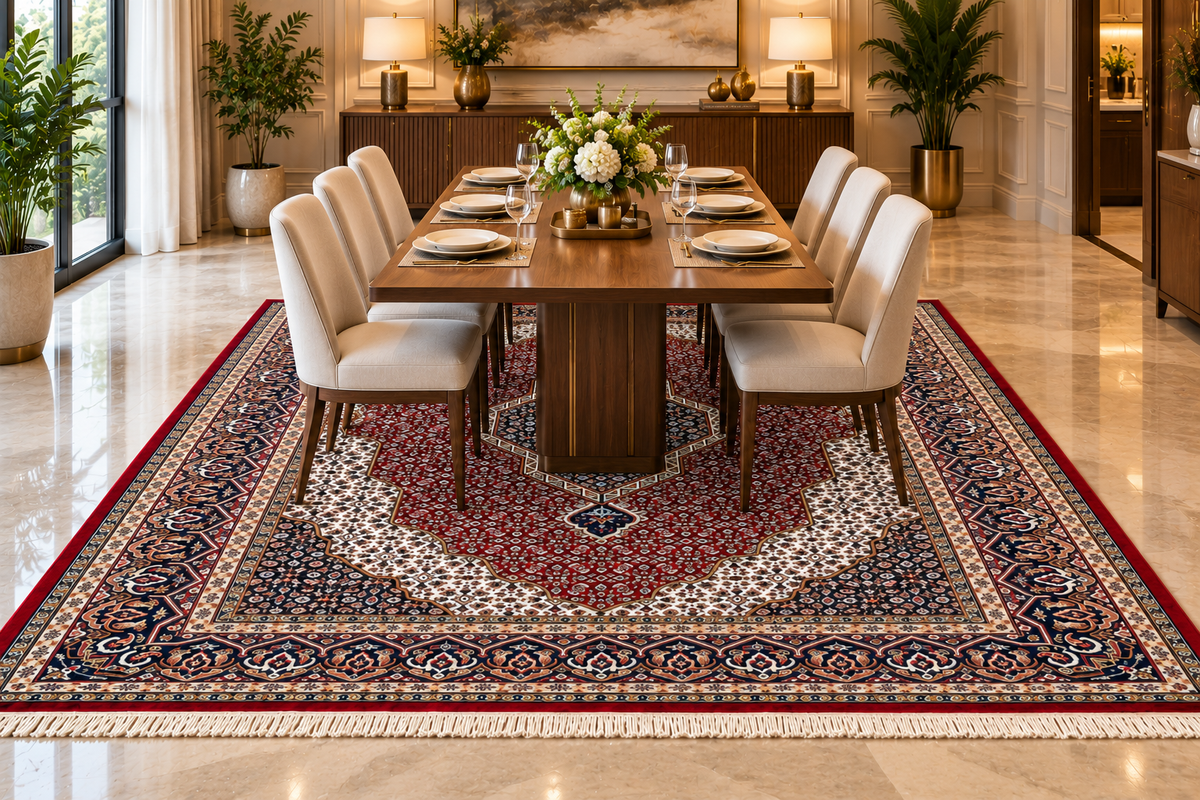 Roya red Persian medallion machine-made polyester carpet, view 4