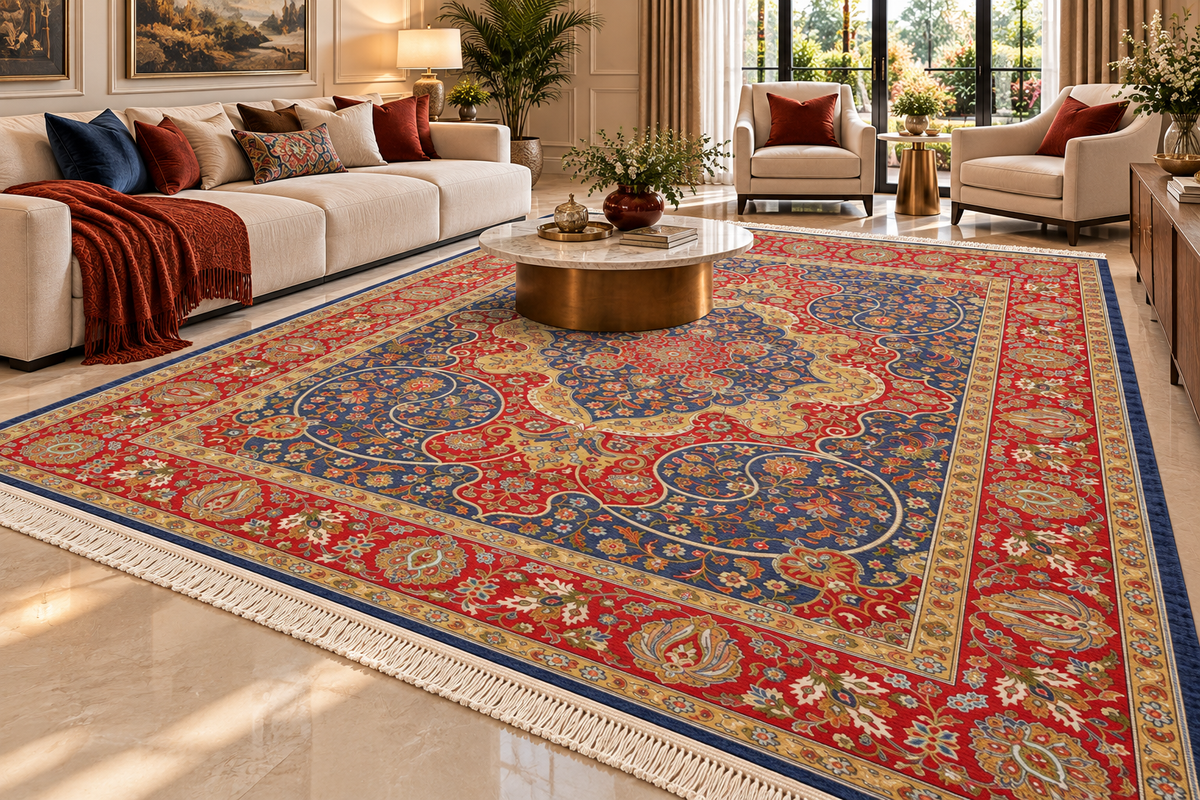 Soraya navy and red Persian medallion machine-made polyester carpet, view 3