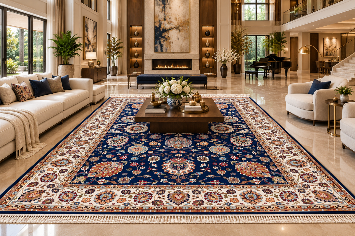 Atoosa navy and white Persian floral machine-made polyester carpet, view 4