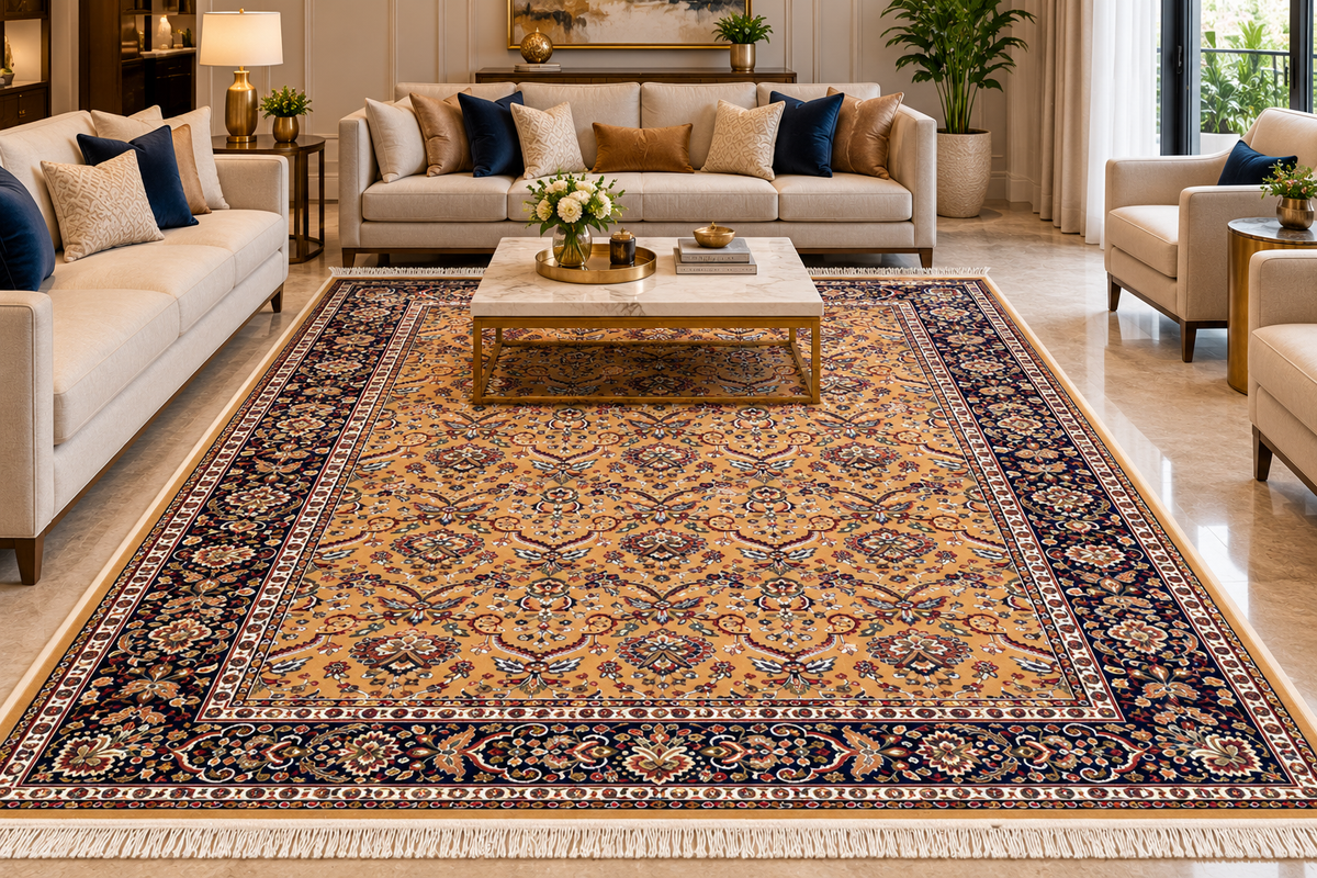 Mitra gold and navy Persian floral machine-made polyester carpet, view 3