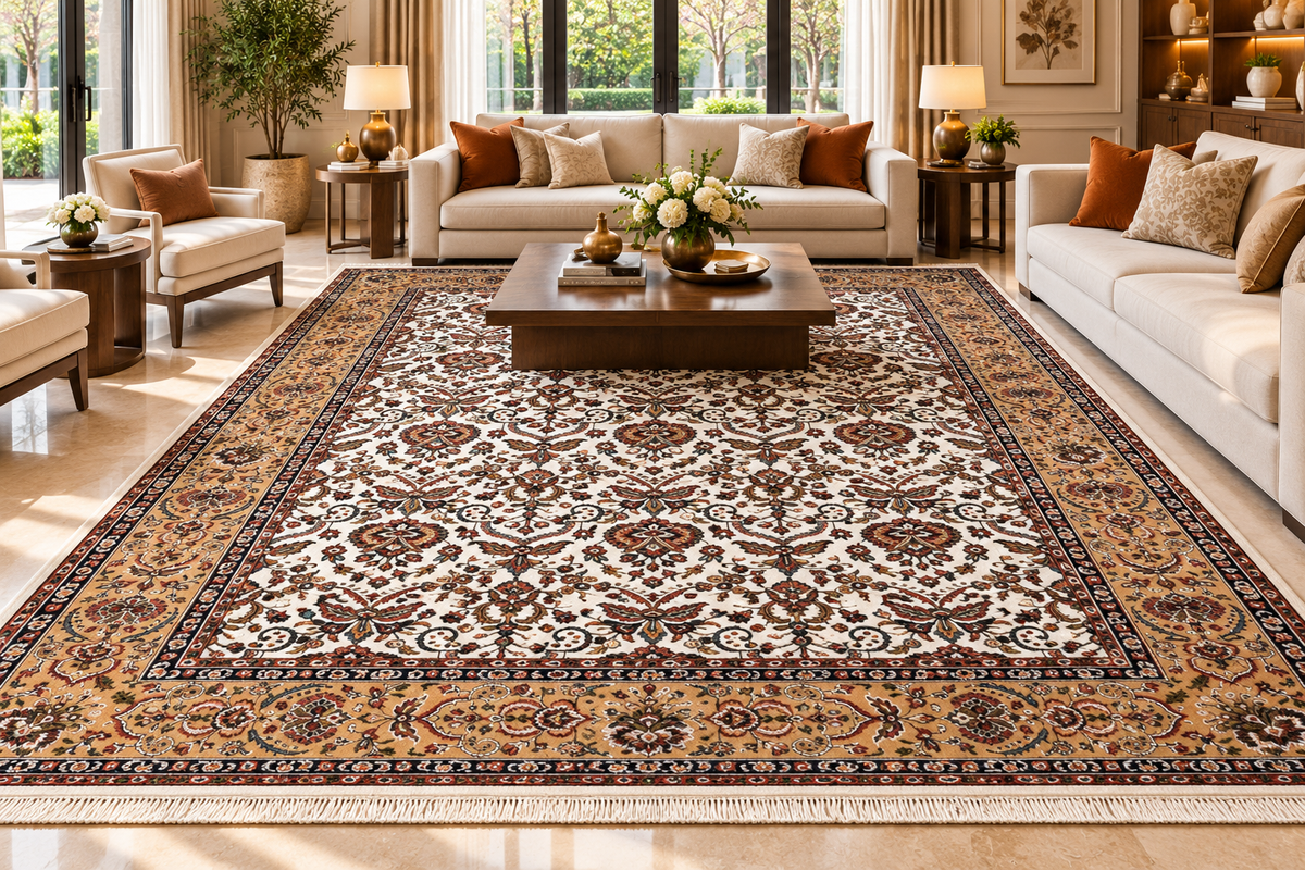 Sepideh beige and gold Persian floral machine-made polyester carpet, view 2