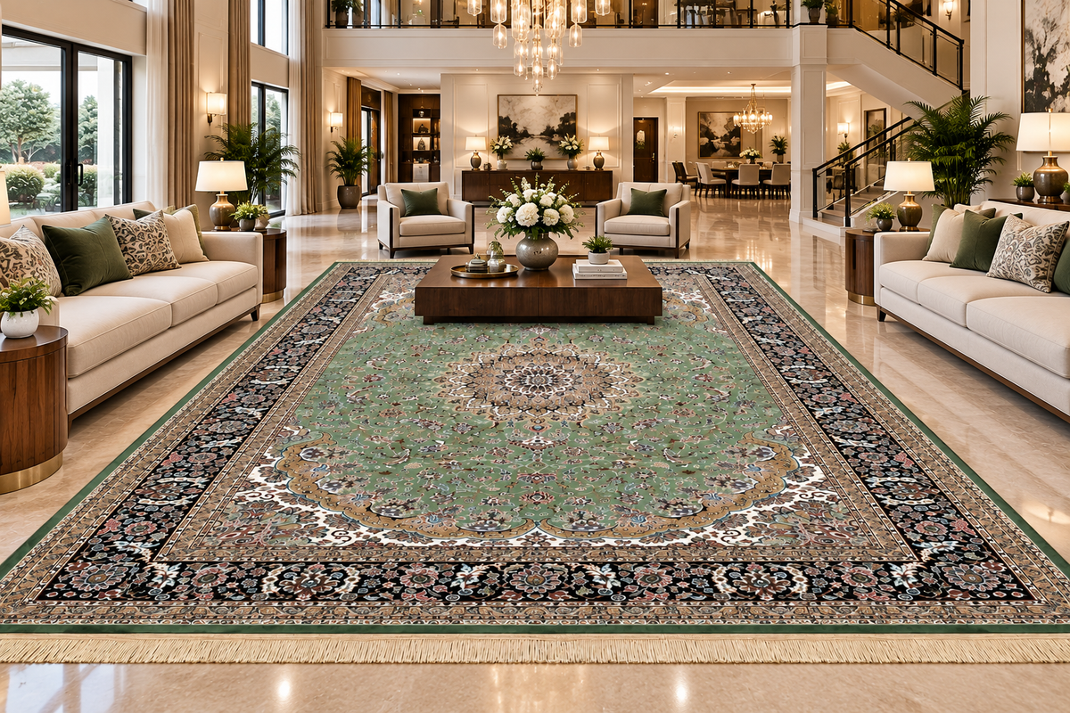 Zumurrud green and navy Persian medallion machine-made viscose carpet, view 4