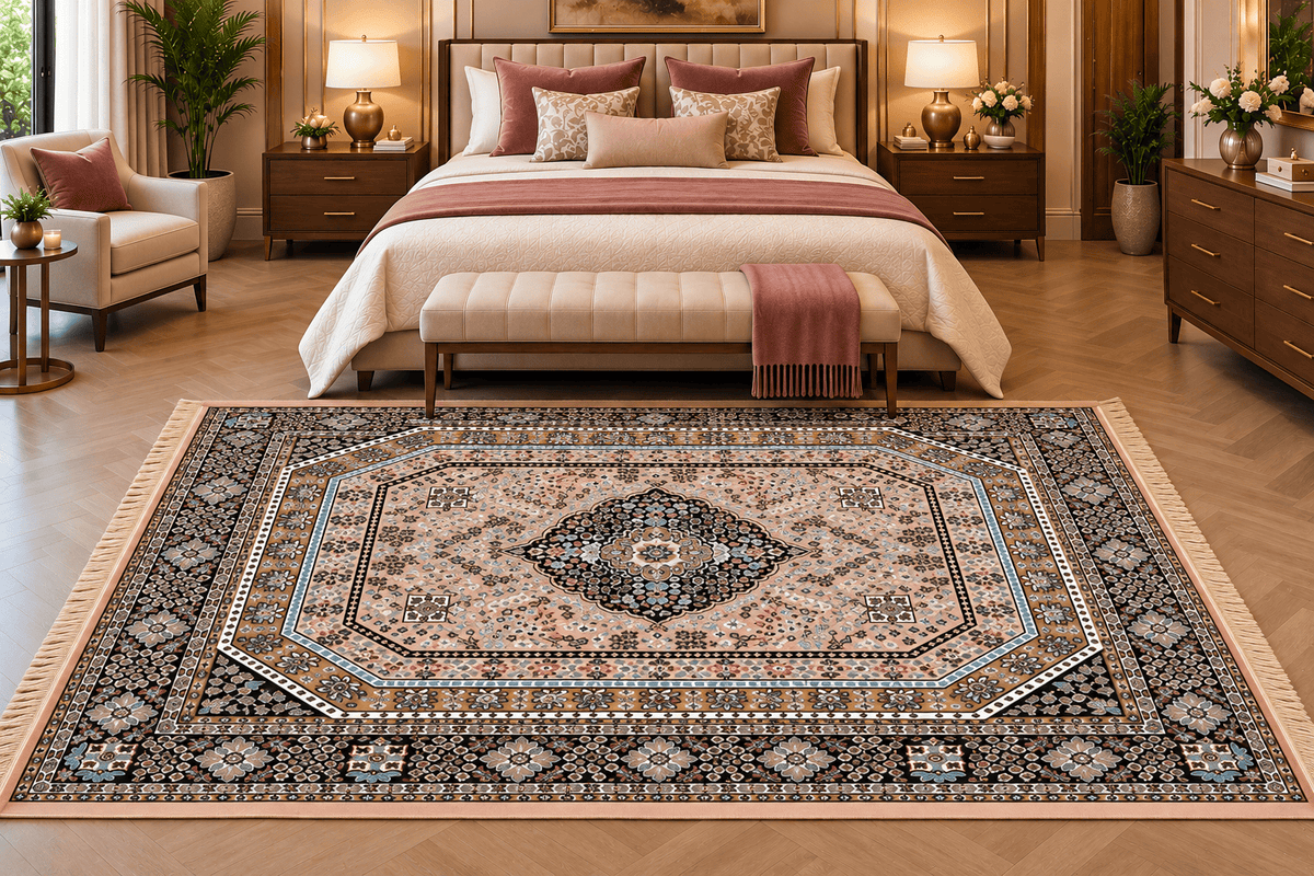 Gulnoosh pink and black Persian octagon medallion machine-made viscose carpet, view 3