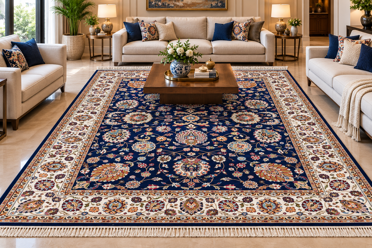 Atoosa navy and white Persian floral machine-made polyester carpet, view 3