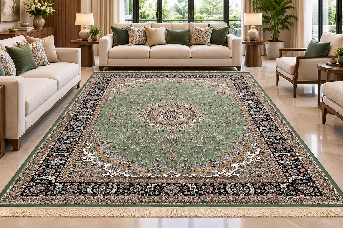 Zumurrud green and navy Persian medallion machine-made viscose carpet, view 2