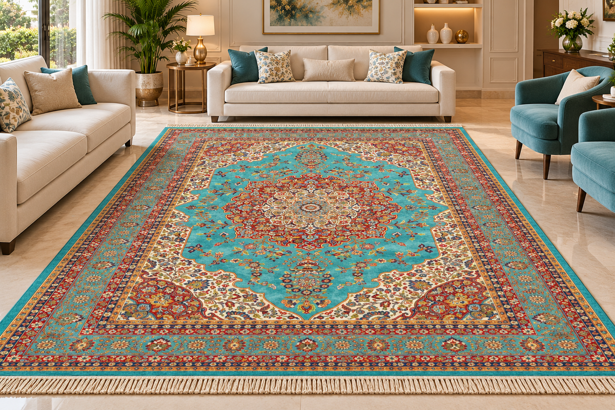 Ghazal turquoise Persian medallion machine-made polyester carpet, view 5