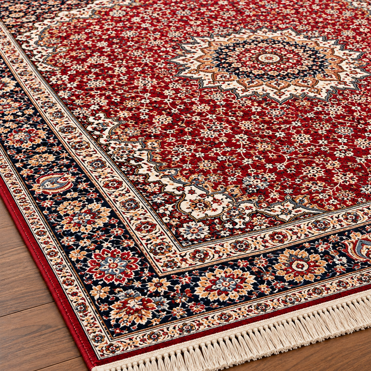 Gulnar red and navy Persian medallion machine-made polyester carpet, view 6