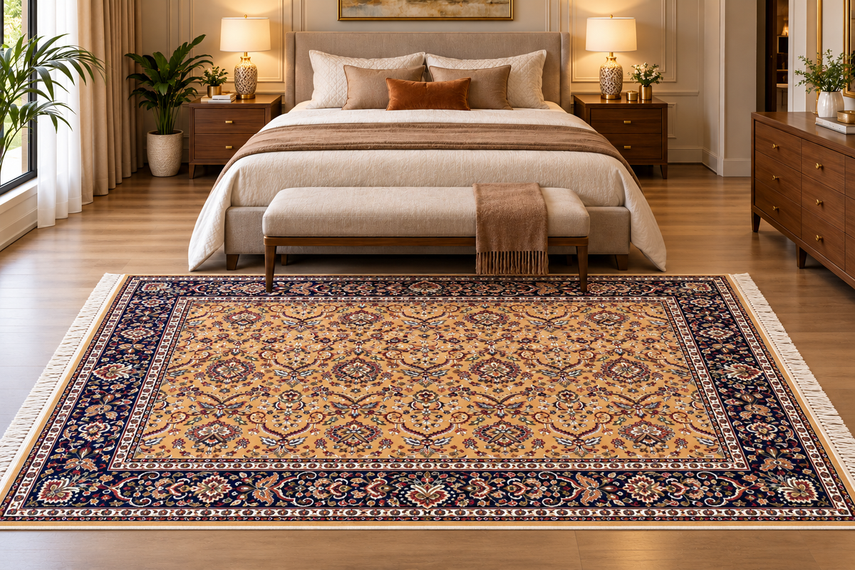Mitra gold and navy Persian floral machine-made polyester carpet, view 2