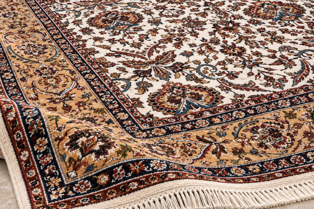 Sepideh beige and gold Persian floral machine-made polyester carpet, view 6