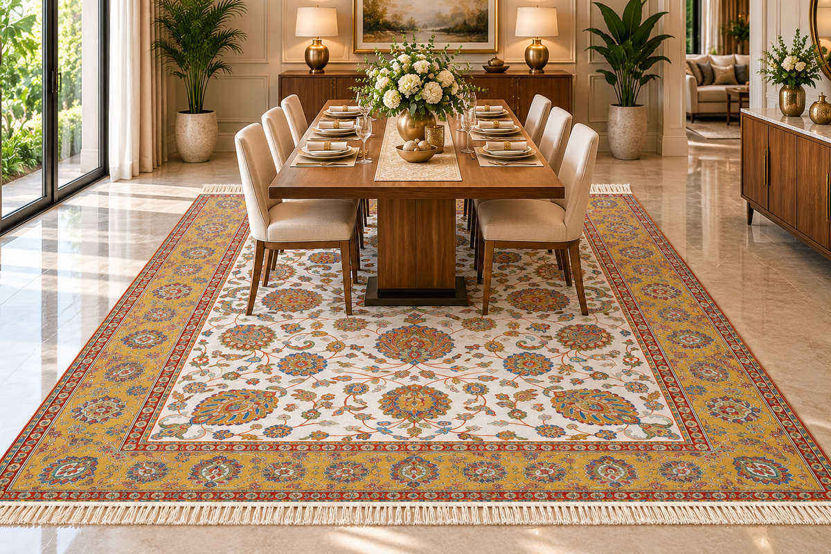 Tala white and gold Persian floral machine-made polyester carpet, view 4