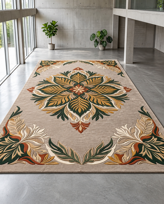 Aranya taupe and forest green leaf medallion hand tufted wool rug, view 2