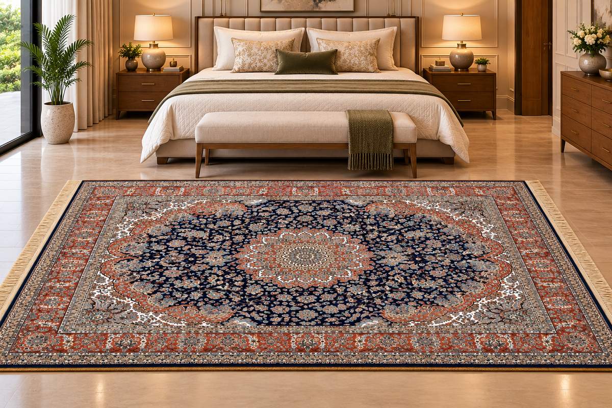 Behnaz navy and rust Persian medallion machine-made viscose carpet, view 3