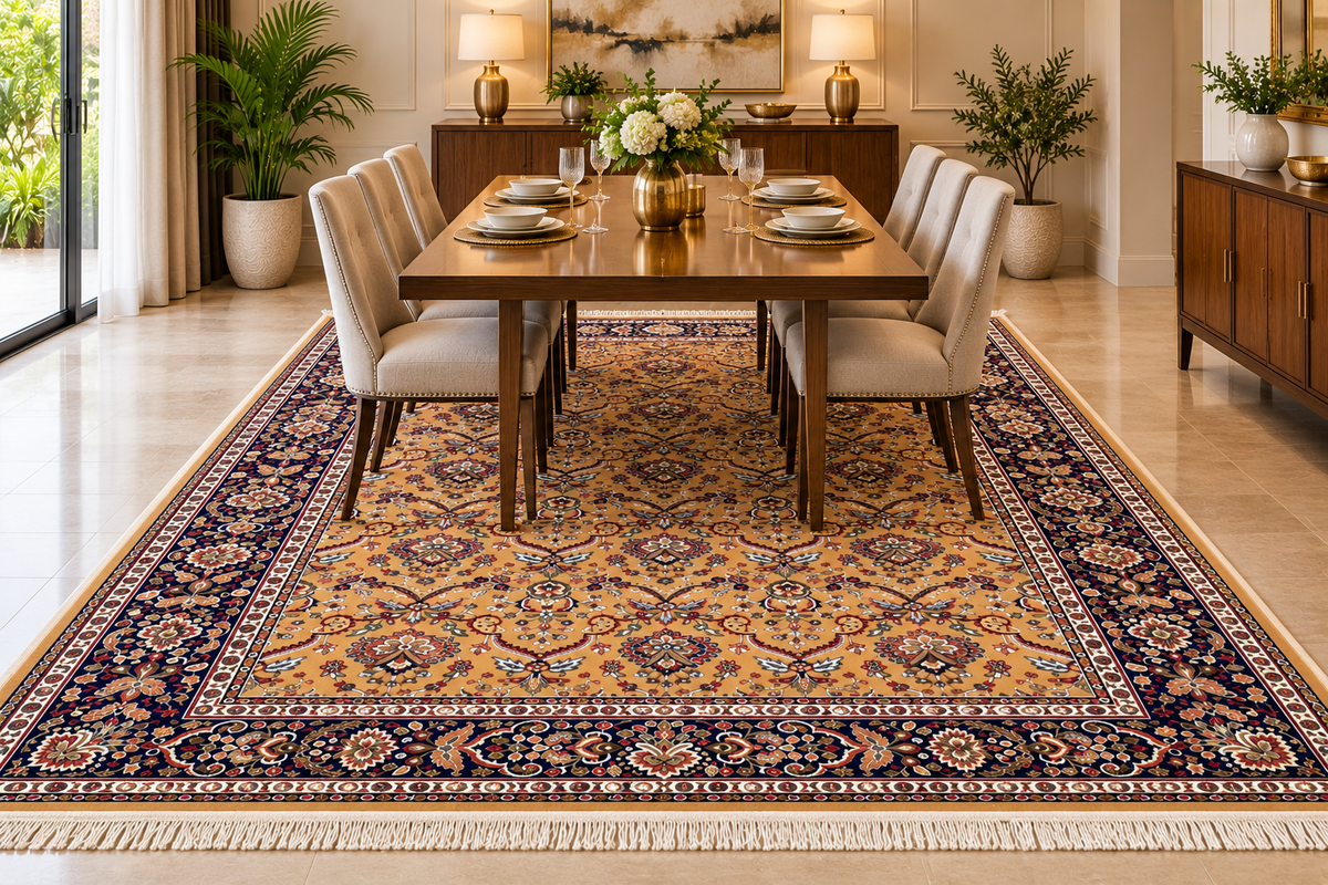 Mitra gold and navy Persian floral machine-made polyester carpet, view 4