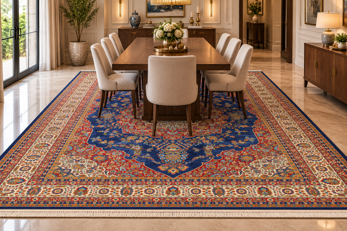 Mahsa navy and white Persian medallion machine-made polyester carpet, view 4