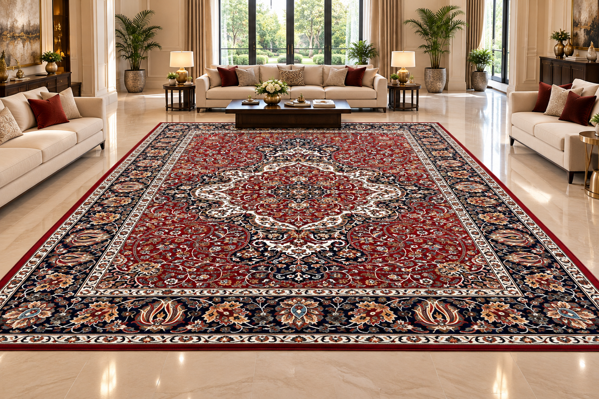 Sahar red and navy Persian medallion washable acrylic silk carpet, view 4