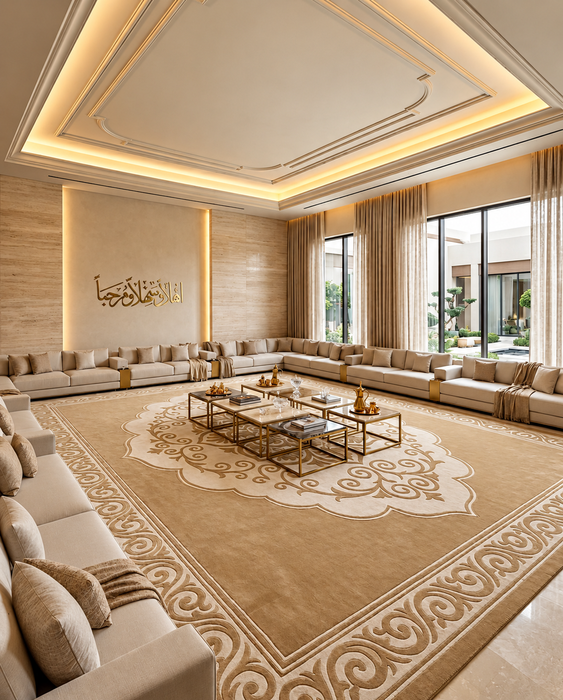 Sunehri gold and cream scroll medallion hand tufted wool rug, full view