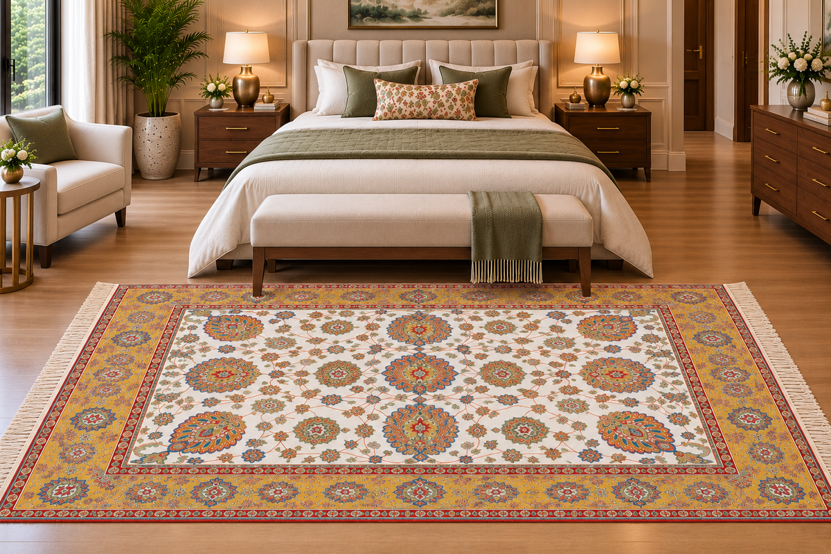 Tala white and gold Persian floral machine-made polyester carpet, view 5