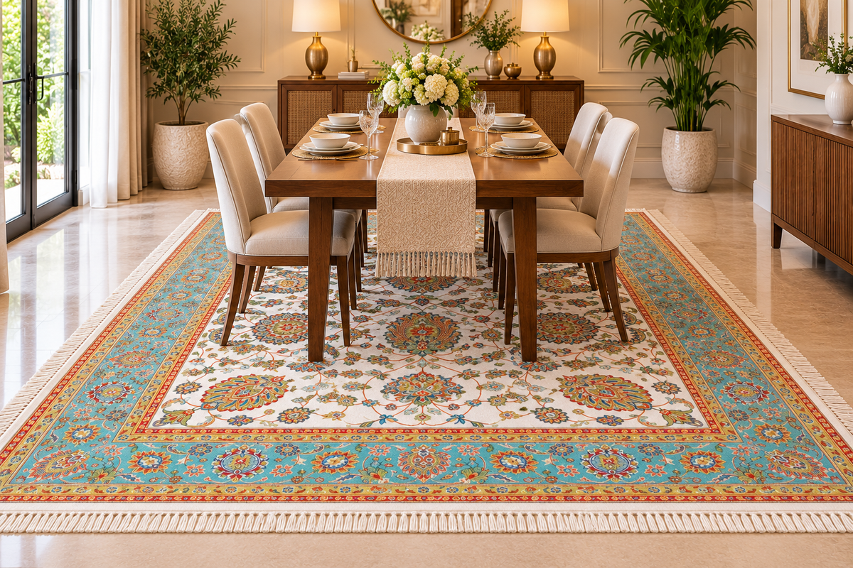 Zohreh white and aqua Persian floral machine-made polyester carpet, view 4