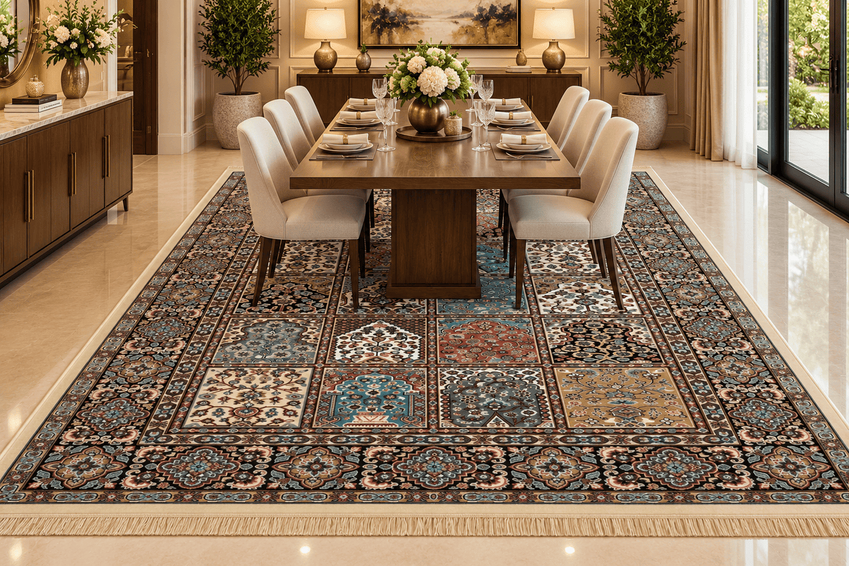 Bostan cream Persian garden panel machine-made viscose carpet, view 4