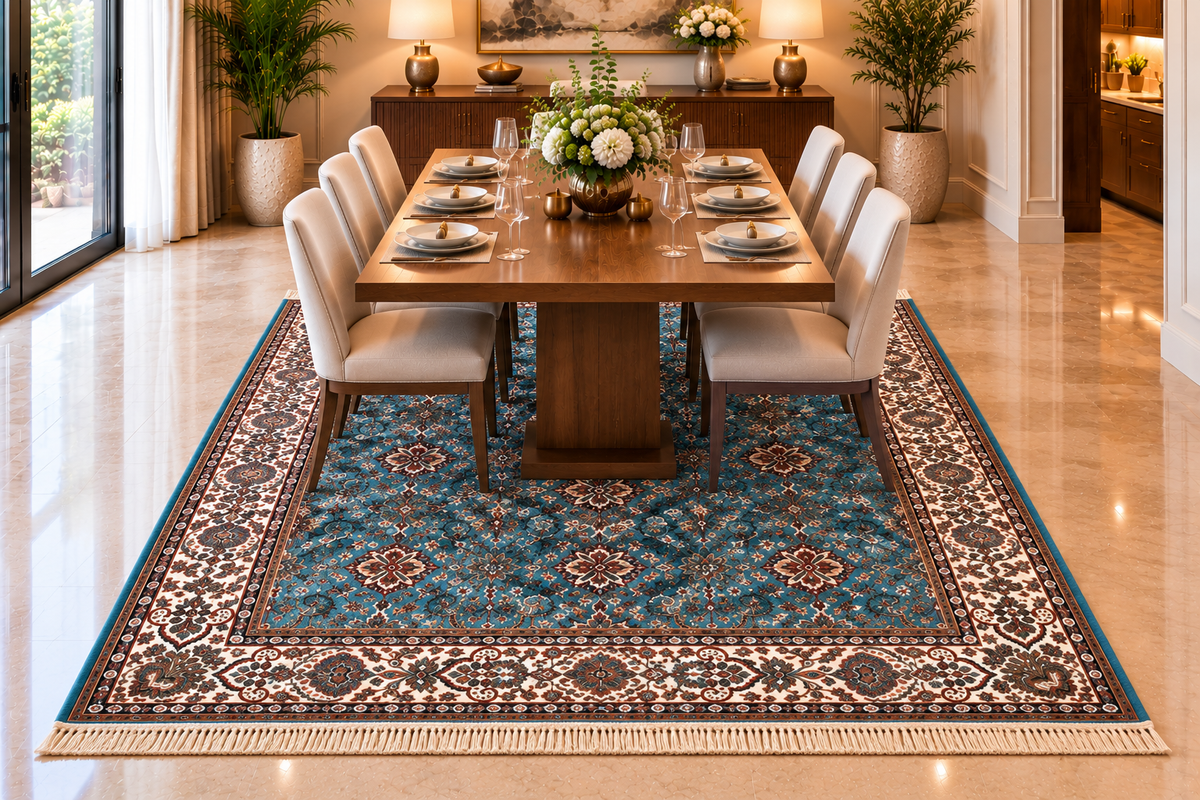 Nilufar aqua and beige Persian floral machine-made polyester carpet, view 5