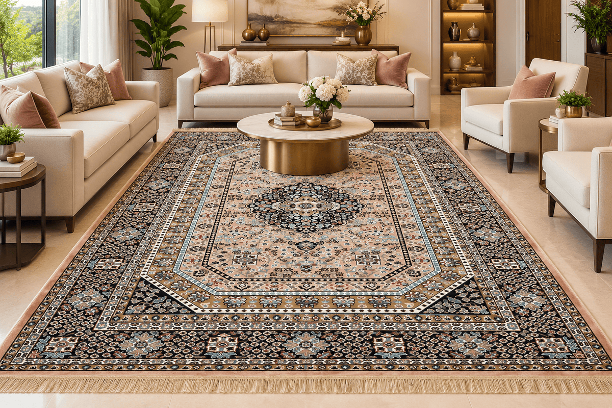 Gulnoosh pink and black Persian octagon medallion machine-made viscose carpet, view 2