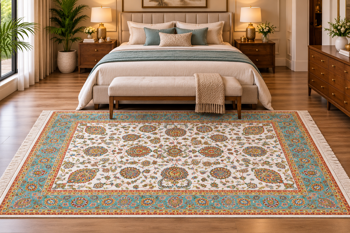 Zohreh white and aqua Persian floral machine-made polyester carpet, view 2