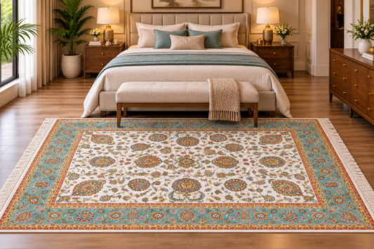 Zohreh white and aqua Persian floral machine-made polyester carpet, view 2