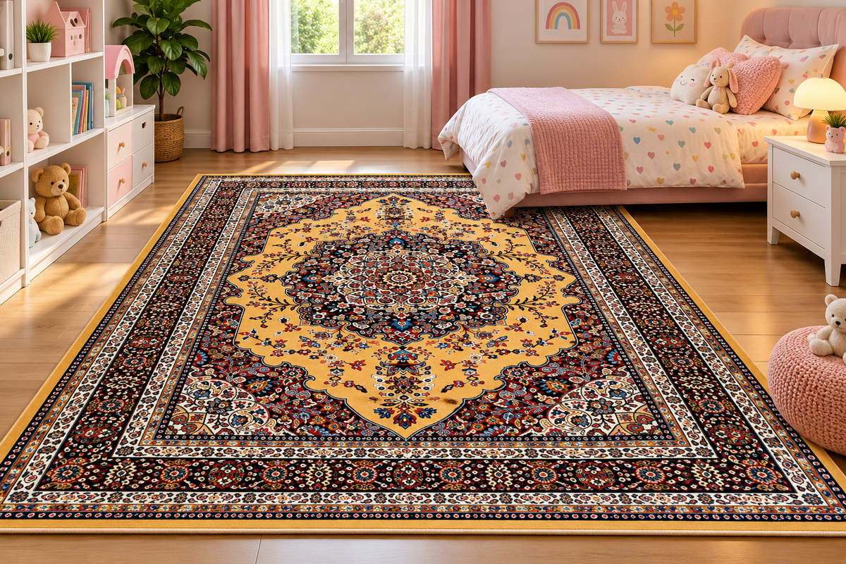 Zarin gold Persian medallion washable acrylic silk carpet, view 5