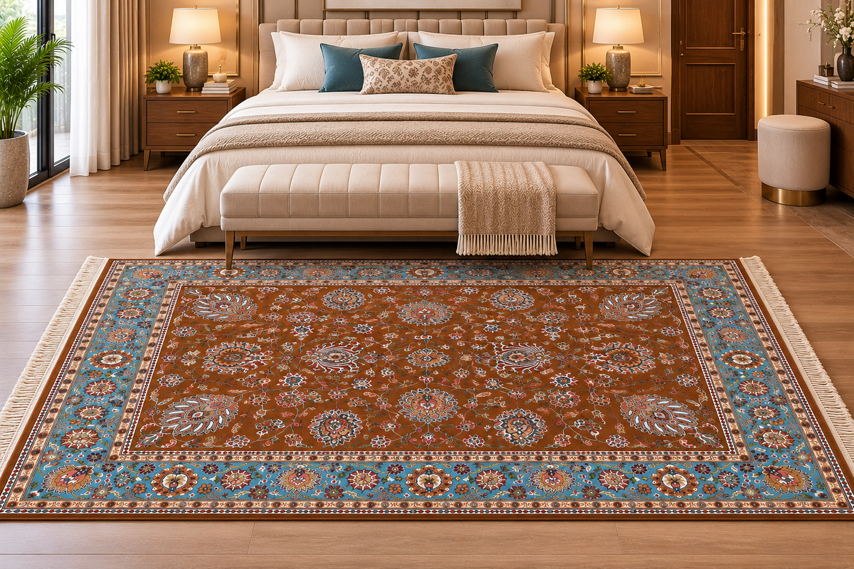 Mahnaz brown and aqua Persian floral machine-made polyester carpet, view 4