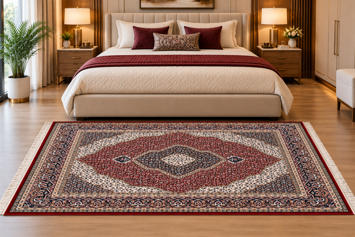 Roya red Persian medallion machine-made polyester carpet, view 5