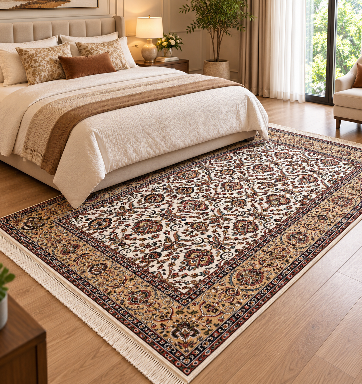 Sepideh beige and gold Persian floral machine-made polyester carpet, view 4