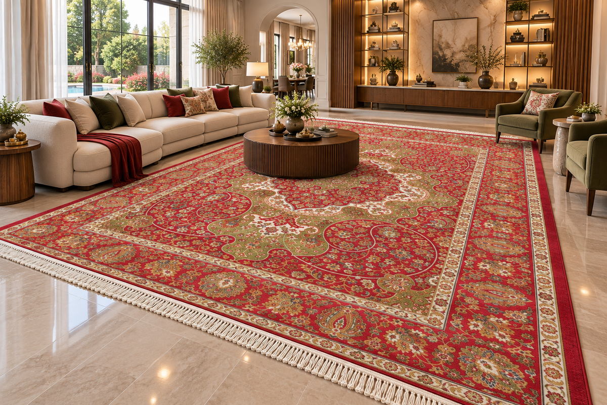 Laleh red and green Persian medallion machine-made polyester carpet, view 6