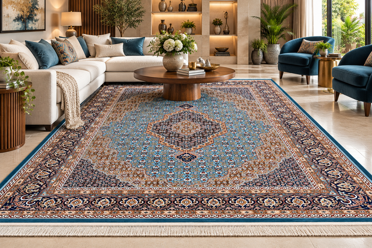 Yasmin turquoise Persian medallion machine-made polyester carpet, view 5