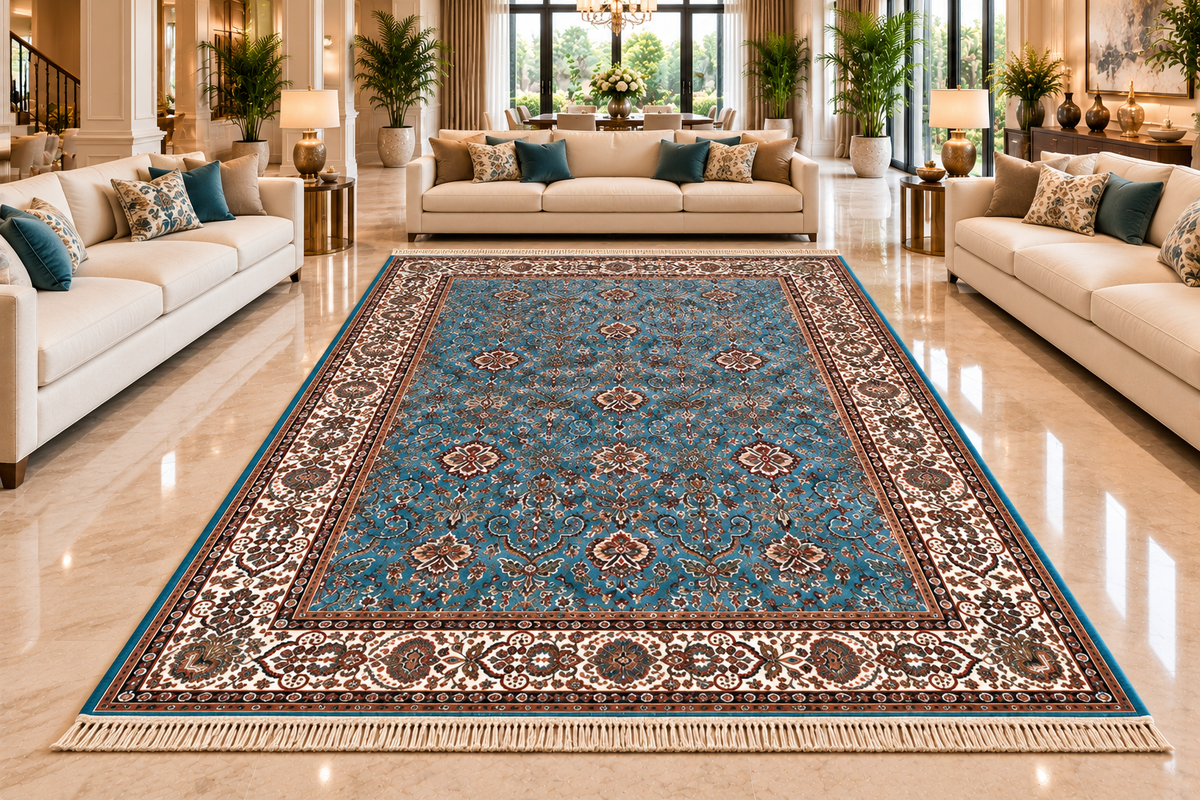 Nilufar aqua and beige Persian floral machine-made polyester carpet, view 4
