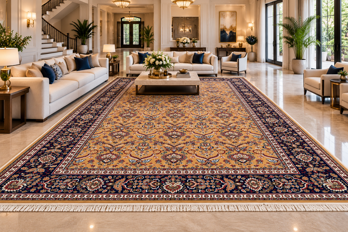 Mitra gold and navy Persian floral machine-made polyester carpet, view 6