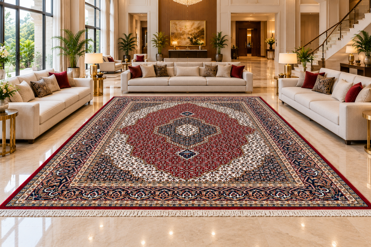 Roya red Persian medallion machine-made polyester carpet, view 3