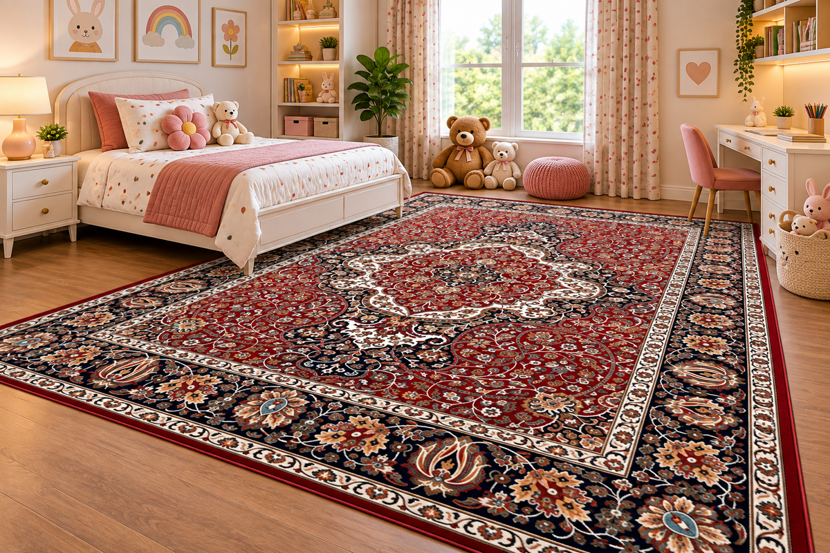 Sahar red and navy Persian medallion washable acrylic silk carpet, view 3