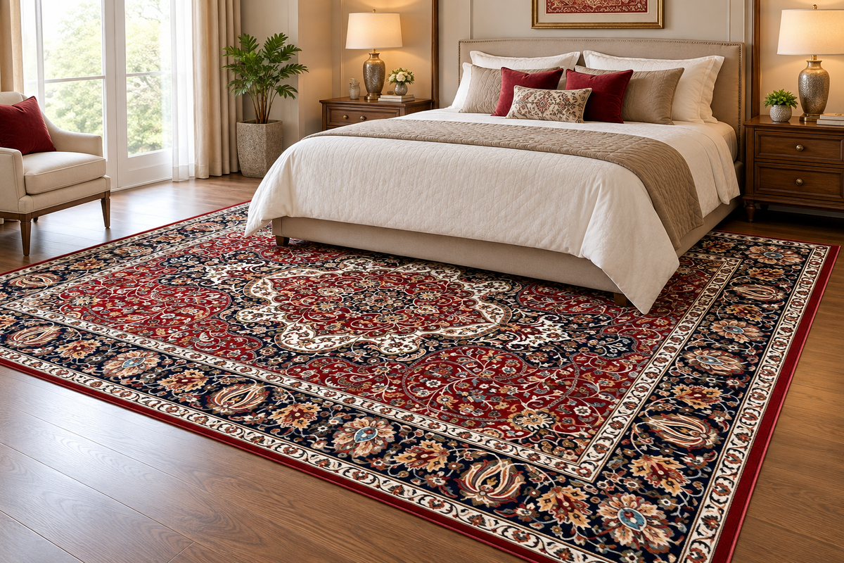 Sahar red and navy Persian medallion washable acrylic silk carpet, view 5