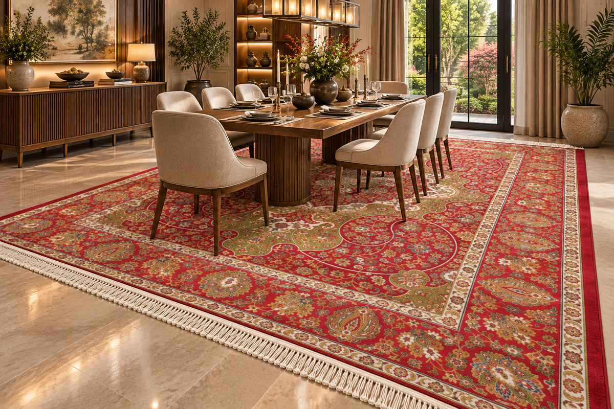 Laleh red and green Persian medallion machine-made polyester carpet, view 5