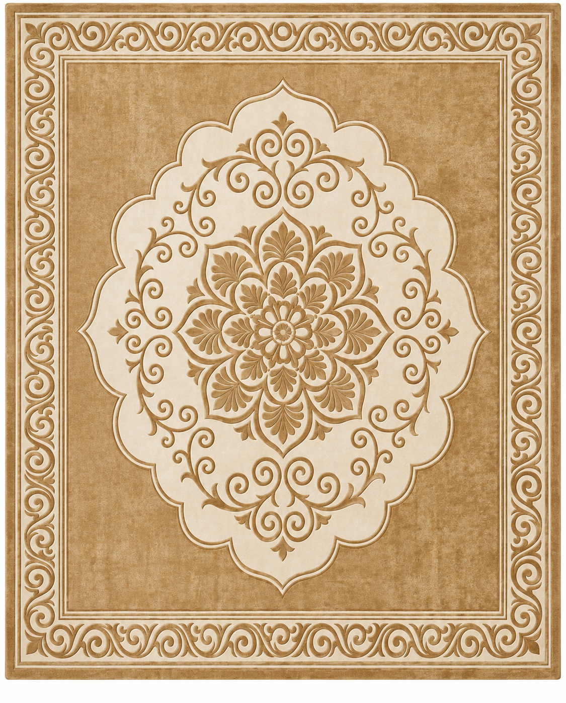 Sunehri gold and cream scroll medallion hand tufted wool rug, view 2