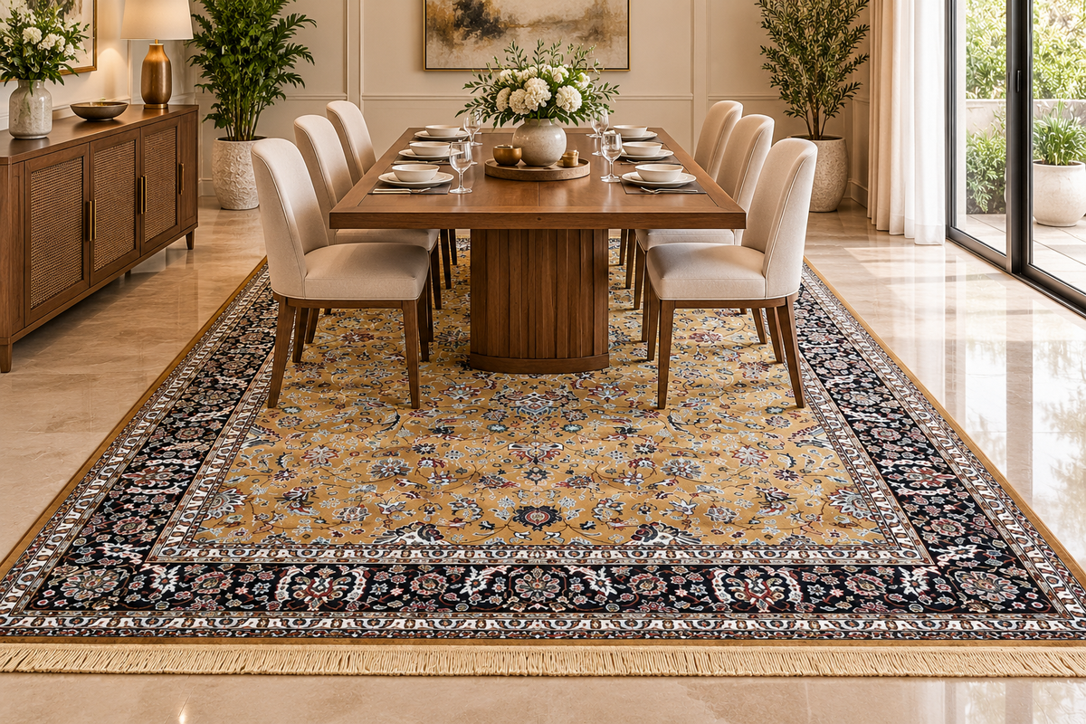 Tilla gold and navy Persian floral machine-made viscose carpet, view 3