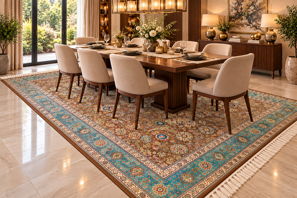 Parisa brown and aqua Persian floral machine-made polyester carpet, view 4
