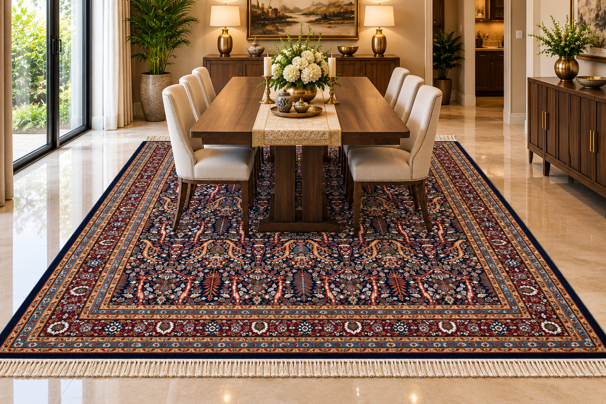 Daria navy Persian garden machine-made polyester carpet, view 4