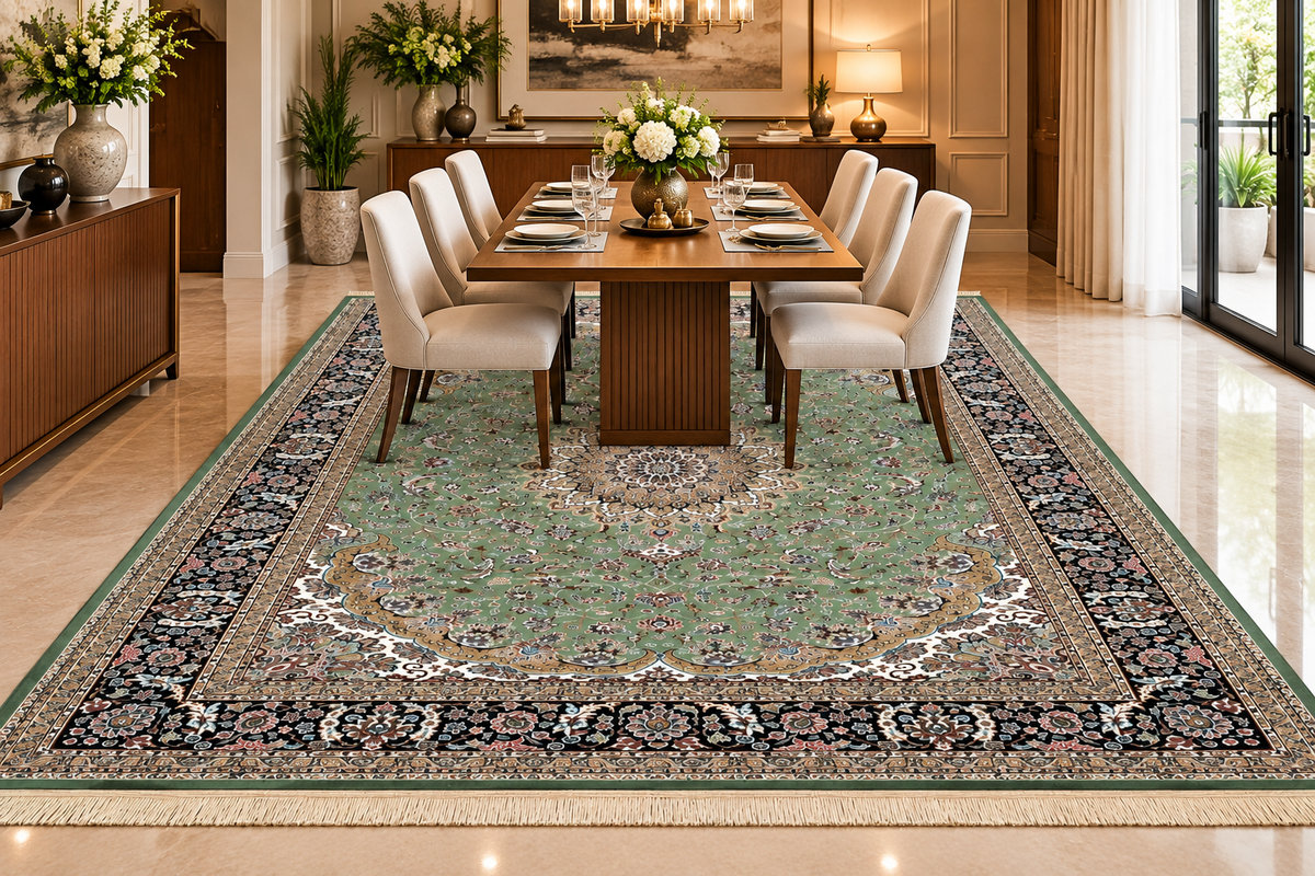 Zumurrud green and navy Persian medallion machine-made viscose carpet, view 3