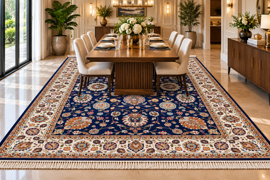 Atoosa navy and white Persian floral machine-made polyester carpet, view 2