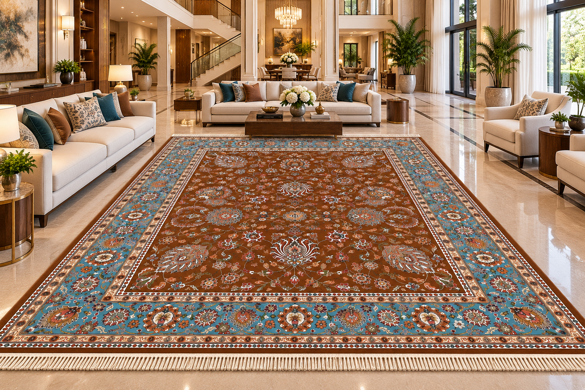 Mahnaz brown and aqua Persian floral machine-made polyester carpet, view 5