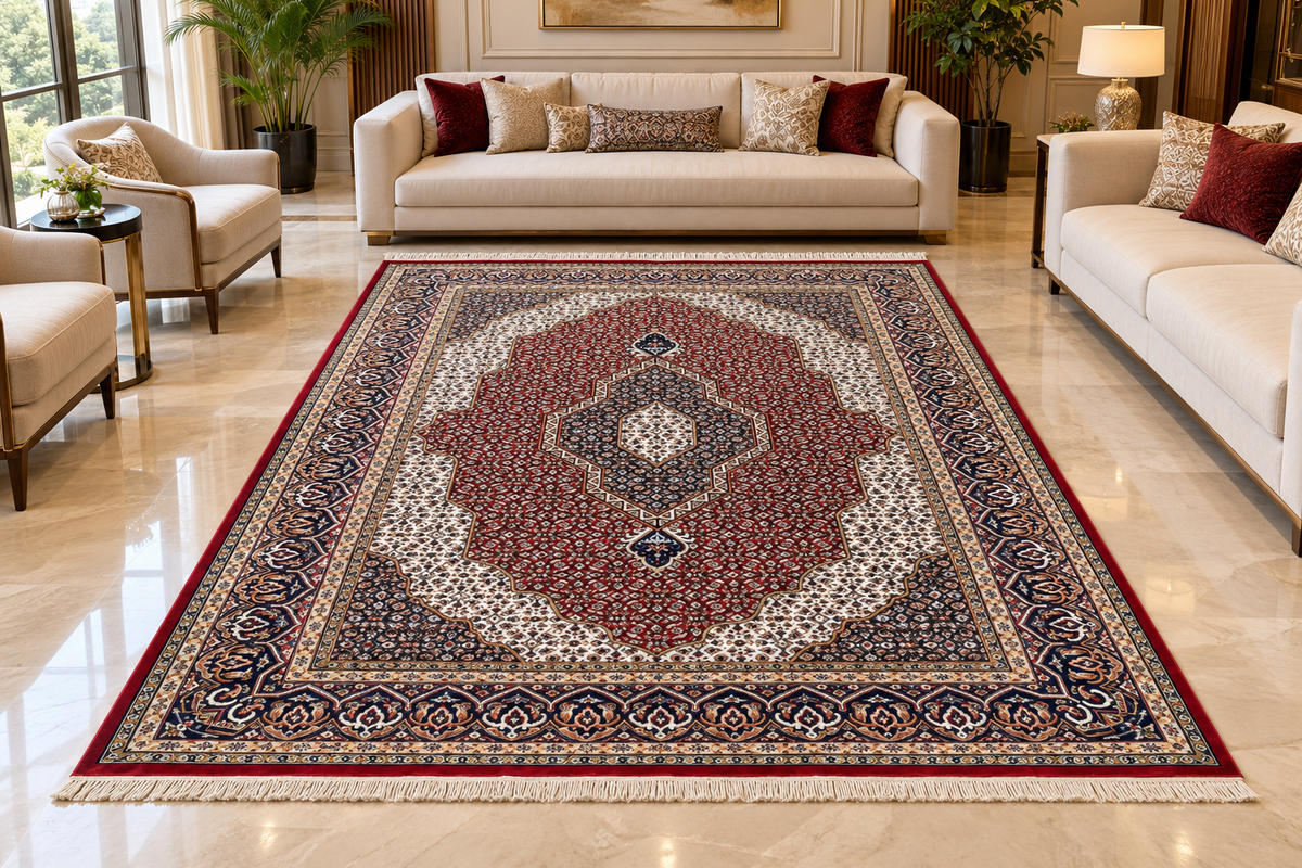 Roya red Persian medallion machine-made polyester carpet, view 2